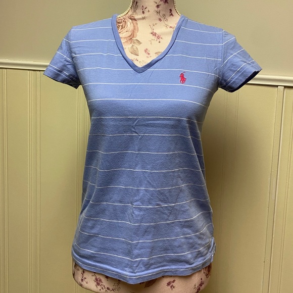 RALPH LAUREN T Shirt V Neck 100% Cotton Light Periwinkle Blue - Picture 4 of 5